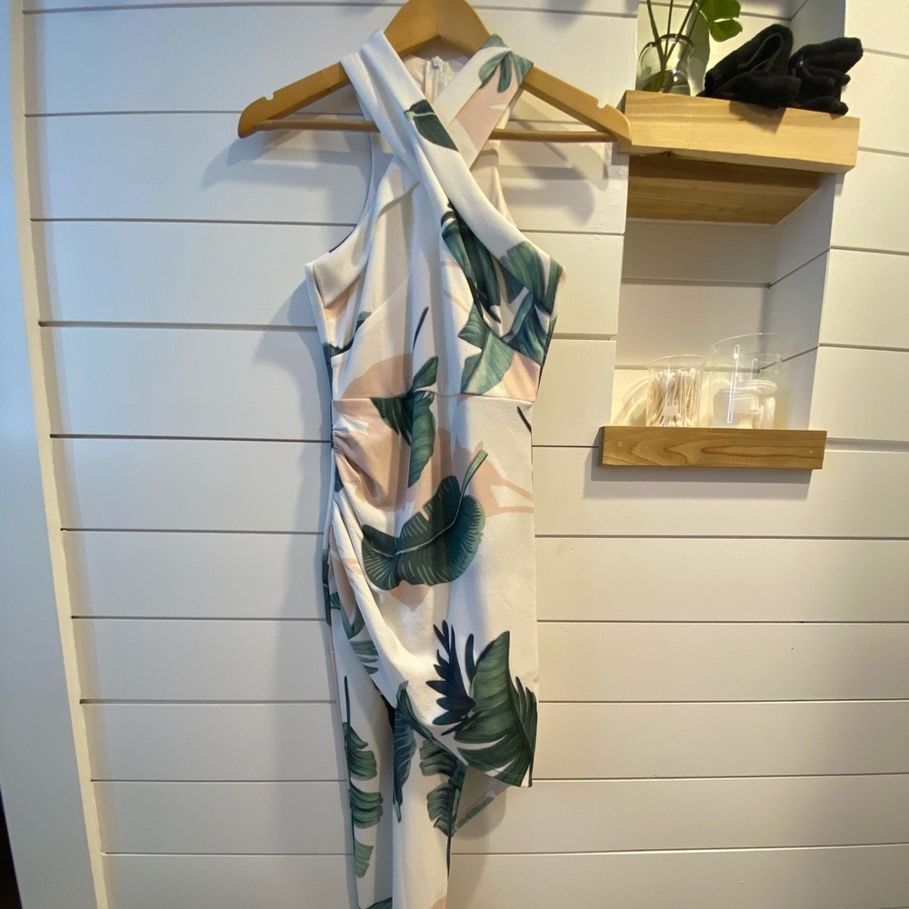 Asymmetric tropical print dress